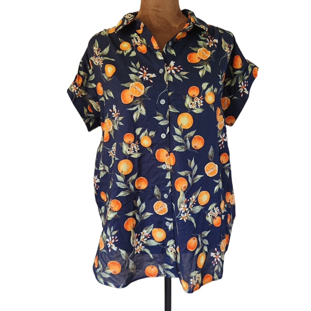 NWT Loft Button Down Short Sleeve Top Size S Cotton Oranges Summer Print